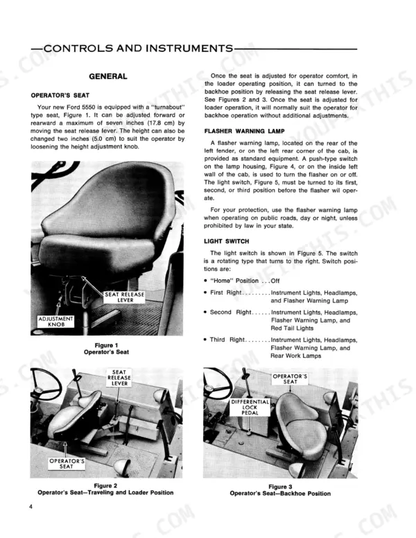 bcefa1a0-b-controls-10 Ford 5550 operator manual page showing seat adjustment, flasher warning lamp, and light switch controls and positions.