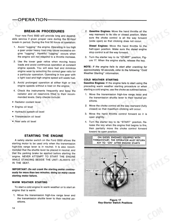 Ford 5550 operation manual page showing break-in, engine starting, cold weather starting procedures, and key-starter switch diagram.