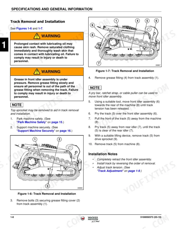 Wacker Neuson SW24, SW28, ST35, ST45 service manual page showing track removal and installation procedures and diagrams.
