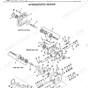 Bolens QS, QT & 1900 Series hydrostatic repair exploded view of motor, center, and pump sections.