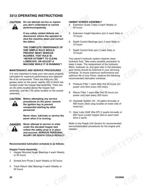Bomag 3313 maintenance and lubrication schedule for hopper frame, screed assembly, hydraulic filters, and gear lube intervals.
