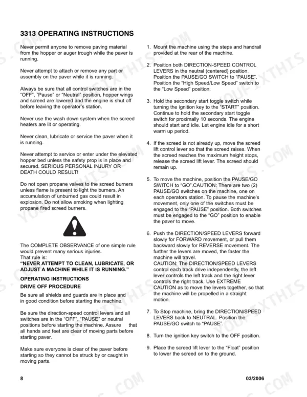 Bomag 3313 operating instructions, safety warnings, and step-by-step drive off procedures for the asphalt paver.