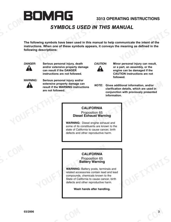 Bomag 3313 operating instructions page defining safety symbols, danger, warning, caution, and California Proposition 65 notices.