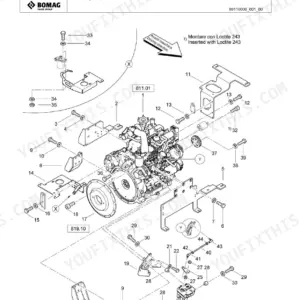 Bomag BF 300 C S340 TV exploded view of engine assembly group showing mounting brackets, bolts, and hardware components.