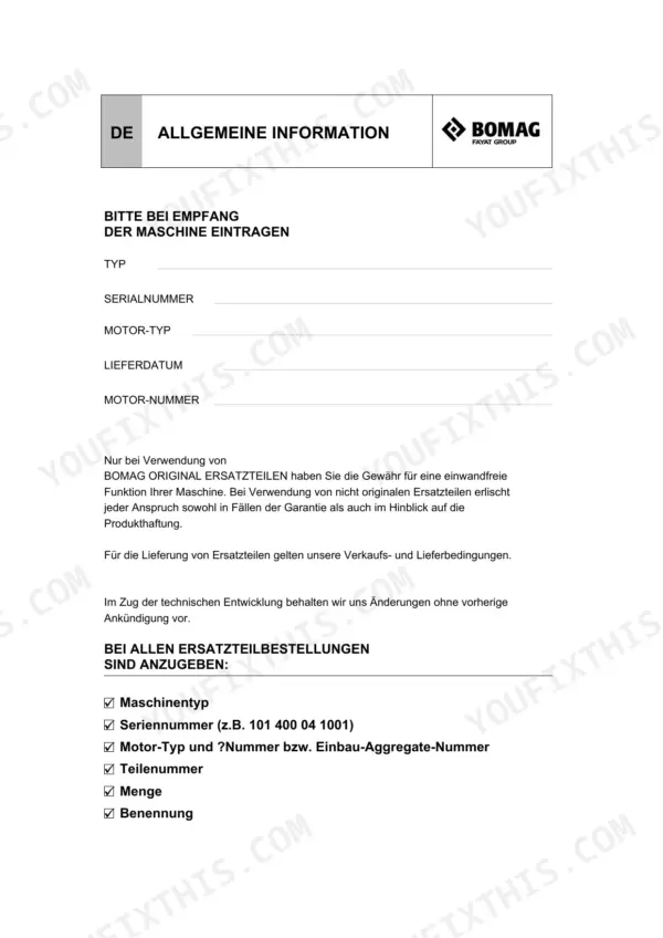 Bomag BF 300 C S340 TV general information page with fields for machine serial number, motor type, and spare parts ordering details.
