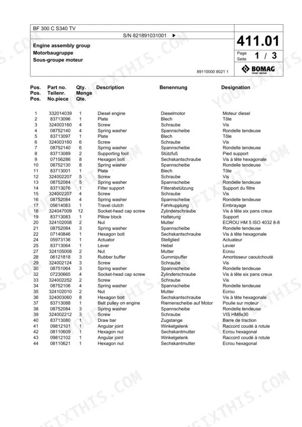 Bomag BF 300 C S340 TV parts list for engine assembly group, page 411.01, detailing components and part numbers.