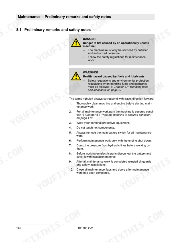Bomag BF 700 C-2 maintenance manual page 146 detailing preliminary safety notes and procedures for machine servicing.