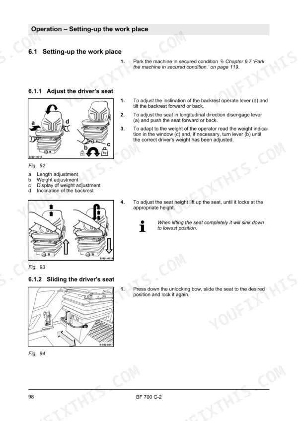 Bomag BF 700 C-2 operator manual page showing procedures for adjusting the driver's seat height, weight, and backrest inclination.