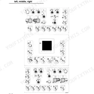 Bomag BM 2000/60 operating console diagram showing numbered switches, dials, and display screen for left, middle, and right panels.