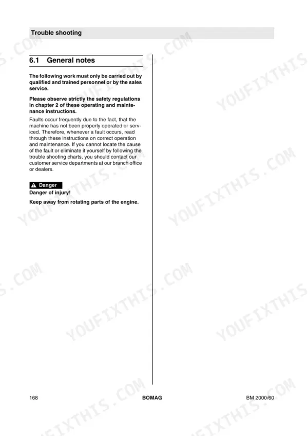 Bomag BM 2000/60 troubleshooting section page 168, detailing general notes and safety warnings for engine maintenance.
