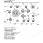 Bomag BM 2200/75 left operating console diagram showing numbered controls for steering, height adjustment, and conveyor belt.