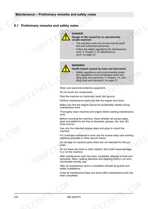 Bomag BM 2200/75 maintenance manual page 232 detailing preliminary safety notes, danger and warning hazards for service work.