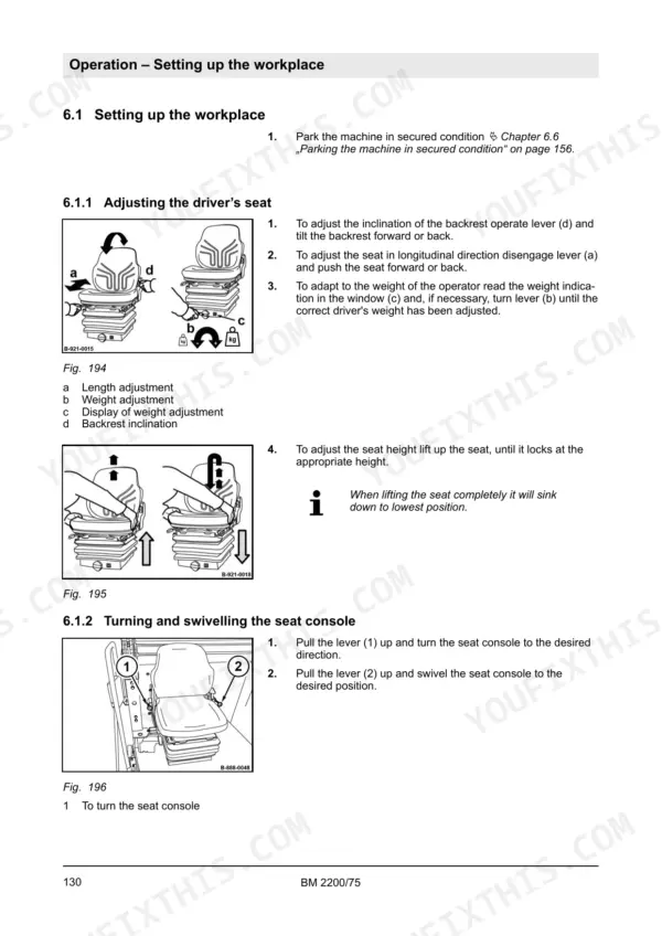 Bomag BM 2200/75 operator manual page 130 showing procedures for adjusting the driver's seat and swivelling the seat console.