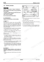 bomag-bm-500-15-bm-600-15-compact-milling-machine-service-manual-008-916-85-a7175-electrics-46.webp Bomag BM 500/15, BM 600/15 service manual — electrics: battery service page with danger/caution boxes and a photo of the battery compartment