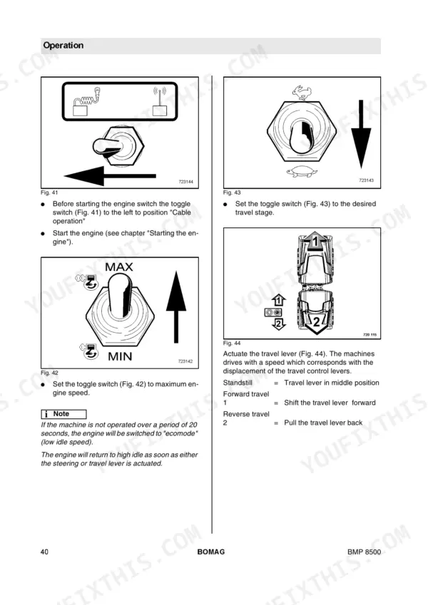 Bomag BMP 8500 operation manual showing cable, engine speed, and travel lever control switch diagrams and procedures.