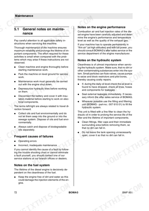 Bomag BMP 851 maintenance manual page 72 covering general maintenance notes, engine performance, and hydraulic system service.