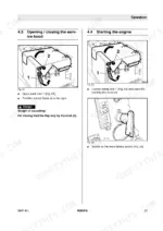 Bomag BMP 851 service hood opening, engine starting, and main battery switch operation procedures with diagrams.