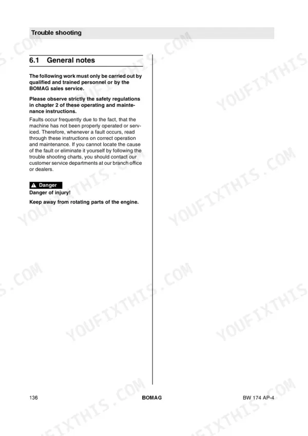 Bomag BW 174 AP-4 troubleshooting manual page 136, general notes on fault diagnosis and engine safety warnings.