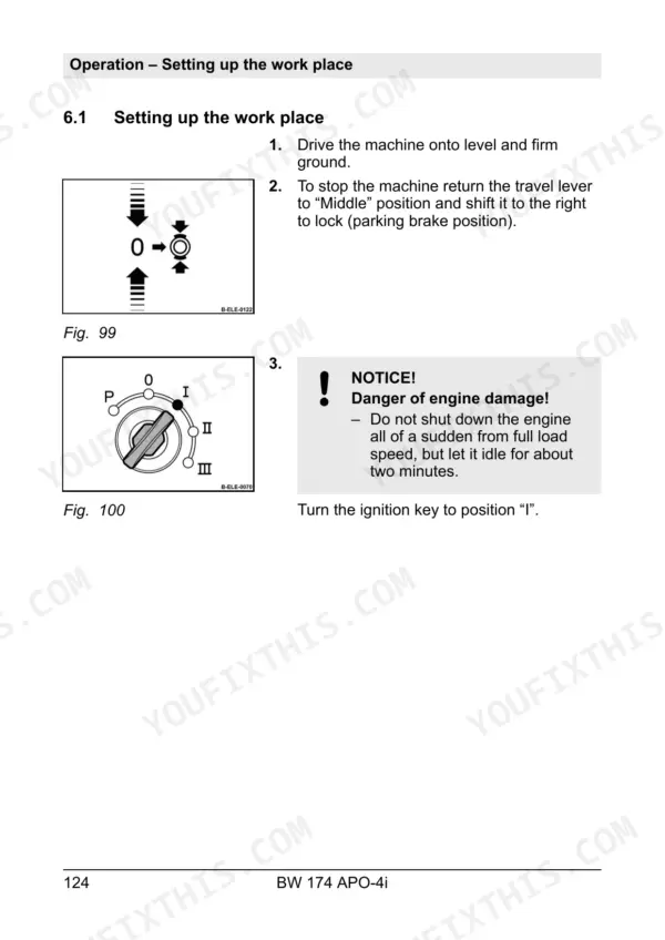 Bomag BW 174 APO-4i operation manual: setting up the work place, travel lever parking brake, and engine shutdown procedures.