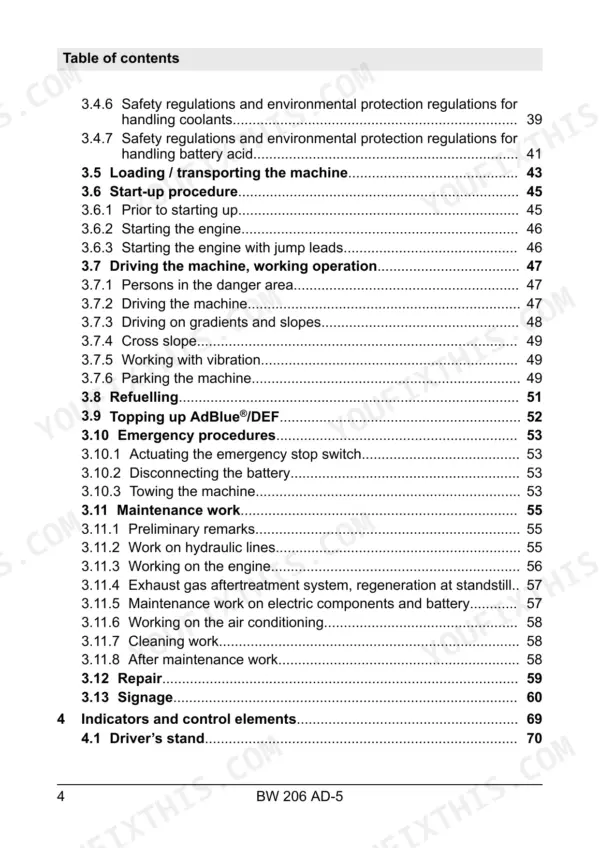 Bomag BW 206 AD-5 operator manual table of contents page 4 covering operation, maintenance, and emergency procedures.