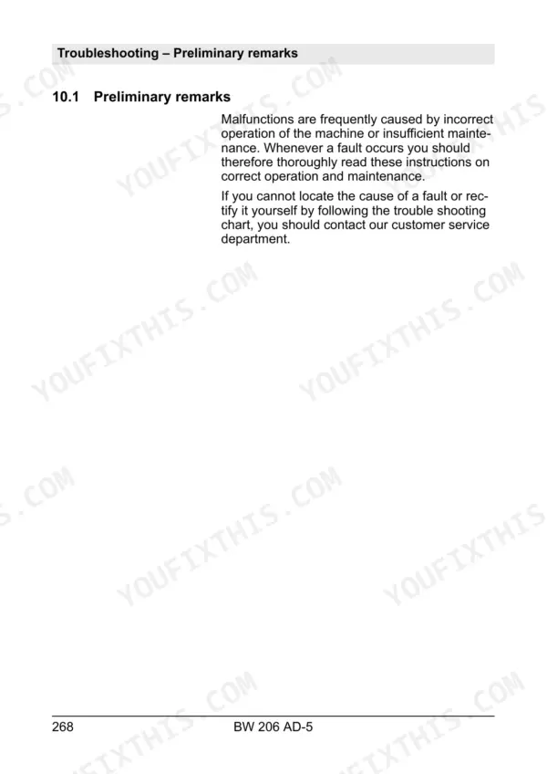 Bomag BW 206 AD-5 troubleshooting manual page 268, outlining preliminary remarks for machine fault diagnosis and maintenance.