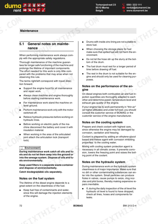 Bomag BW 213 D-4 maintenance manual page 72 covering general maintenance notes, fuel, cooling, and hydraulic system safety.