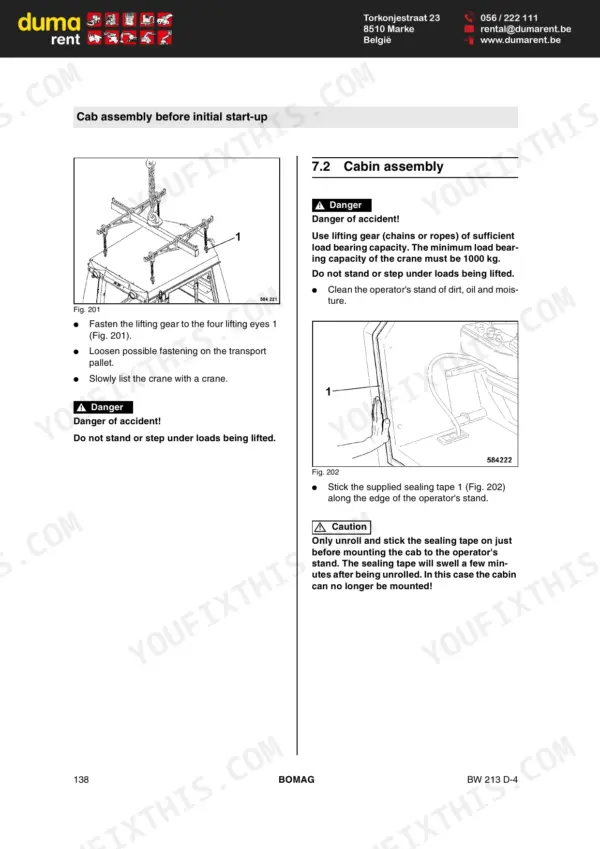 Bomag BW 213 D-4 cabin assembly procedure, showing lifting gear diagram and operator stand sealing tape installation steps.