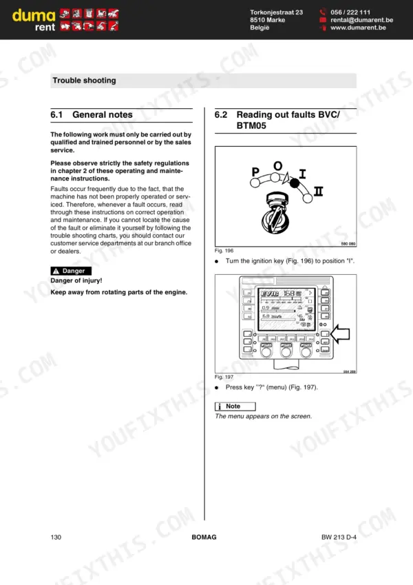 Bomag BW 213 D-4 troubleshooting guide for reading out BVC/BTM05 faults using ignition key and display menu keys.