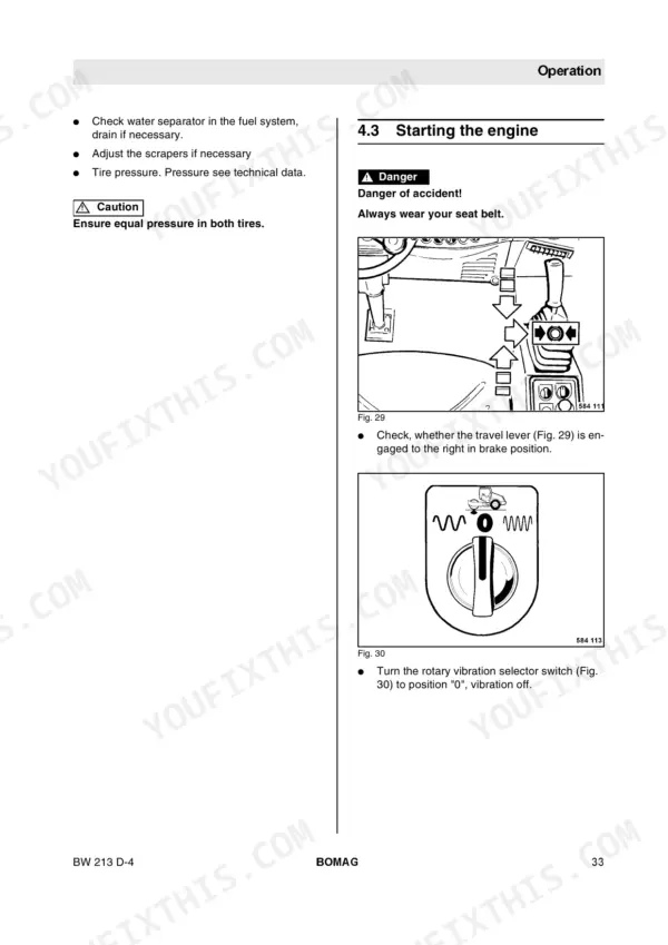 Bomag BW 213 D-4 operation manual page showing engine starting procedure, travel lever brake position, and vibration selector switch.