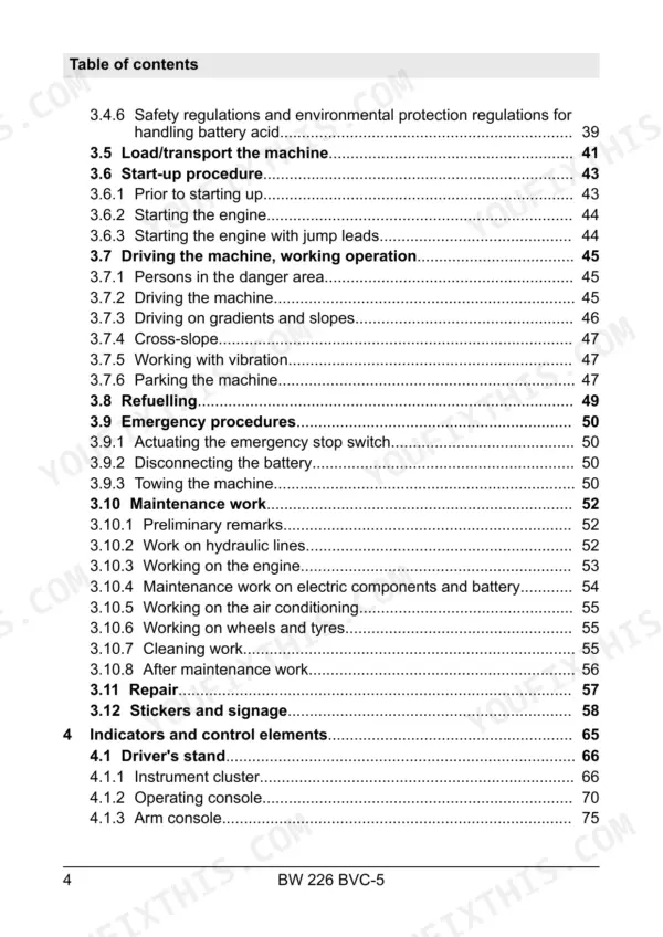 Bomag BW 226 BVC-5 manual table of contents page 4 covering operation, maintenance, and control elements.