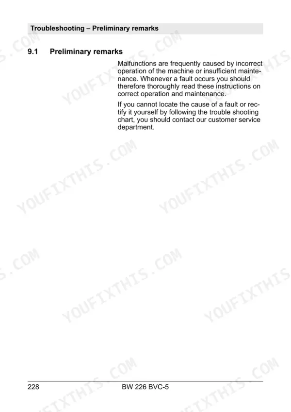 Bomag BW 226 BVC-5 troubleshooting manual page 228, section 9.1 preliminary remarks on machine fault diagnosis.