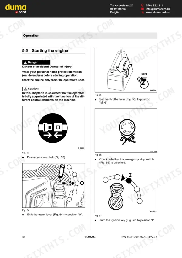 Bomag BW 100 AD-4, BW 120 AD-4, BW 125 AD-4, BW 100 AC-4, BW 120 AC-4, BW 125 AC-4 engine starting procedure and controls.