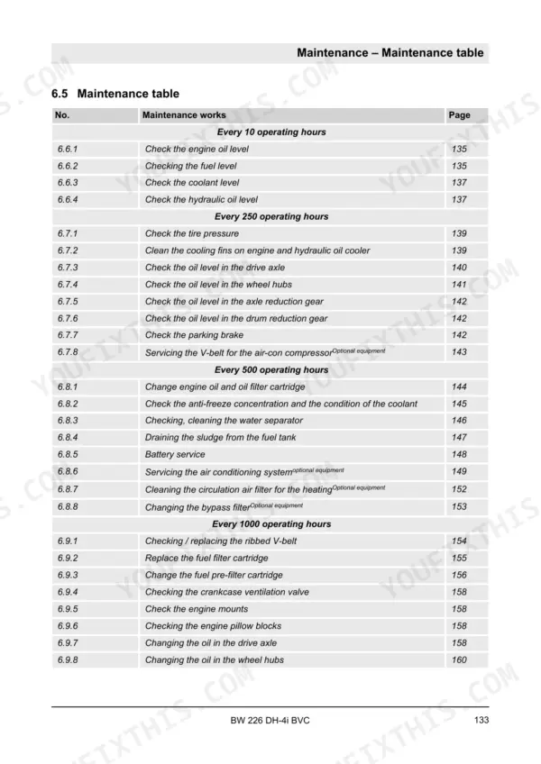 Bomag BW 226 DH-4i BVC maintenance table listing service intervals from 10 to 1000 operating hours.