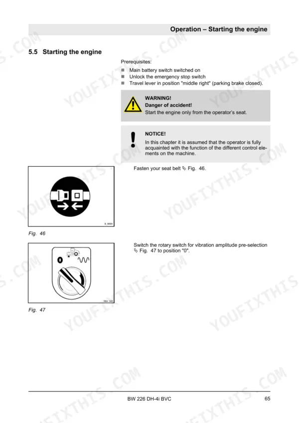 Bomag BW 226 DH-4i BVC engine starting procedure, seat belt icon, and vibration amplitude rotary switch settings.