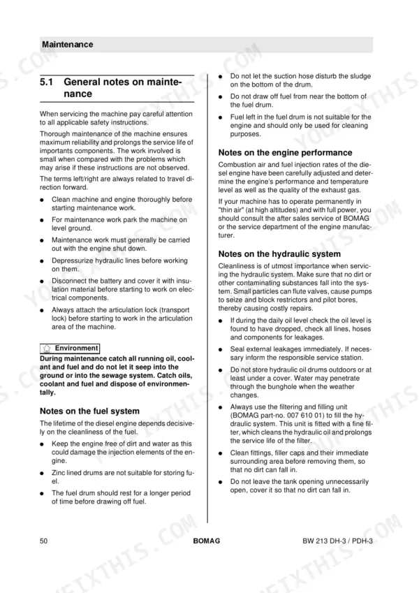 Bomag BW 213 DH-3, BW 213 PDH-3, BW 213 PDBH-3 maintenance manual page 50: general notes on fuel, engine, and hydraulic systems.