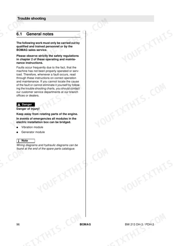 Bomag BW 213 DH-3, BW 213 PDH-3, BW 213 PDBH-3 troubleshooting general notes and emergency bridging safety instructions.