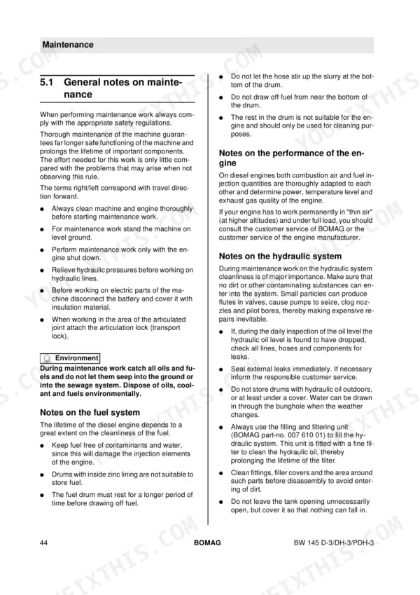 Bomag BW 145 D-3, BW 145 DH-3, BW 145 PDH-3, DH-3, PDH-3 maintenance manual page covering general fuel and hydraulic system notes.