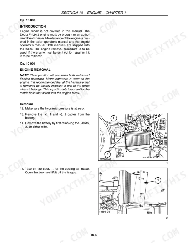 New Holland BB900 engine removal procedure, battery and cooling air intake door removal diagrams with component callouts.