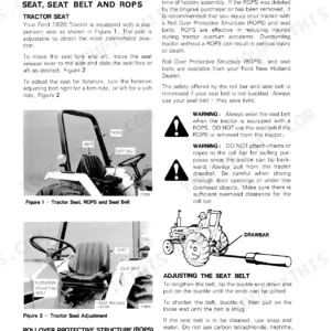 Ford 1920 operator manual page showing seat, seat belt, and ROPS adjustment procedures, diagrams, and safety warnings.