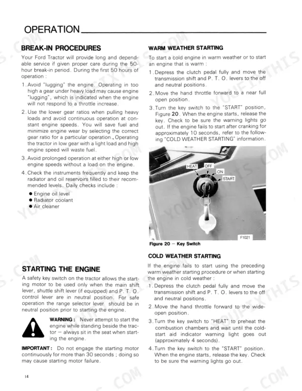 Ford 1920 operator manual page showing break-in procedures, warm and cold weather engine starting steps, and key switch diagram.