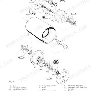Bomag BW 75 AD, BW 75 ADL, BW 90 ADL exploded view of the drum assembly, showing hydraulic motor, eccentric shaft, and bearings.
