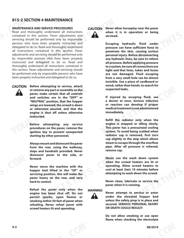 Bomag 815-2 maintenance section detailing safety procedures for hydraulic systems, refueling, and hopper operation.