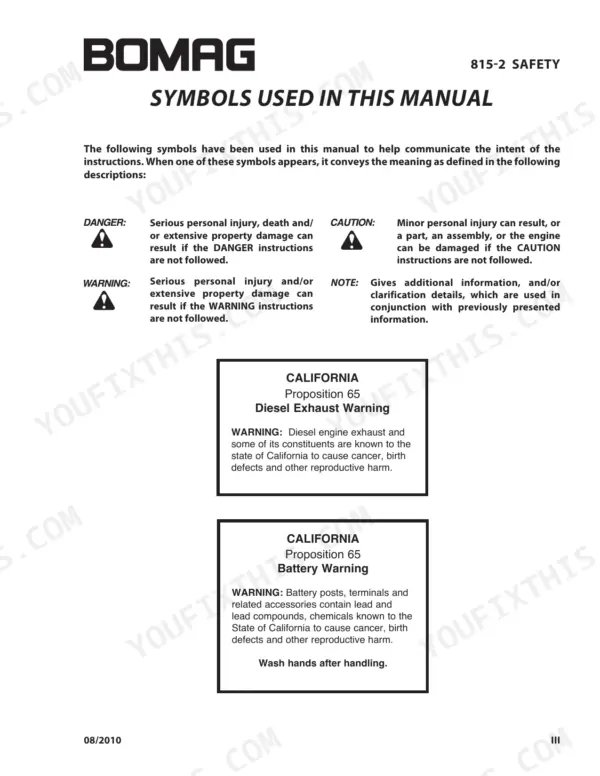 Bomag 815-2 safety manual page defining danger, warning, caution, and note symbols plus California Proposition 65 warnings.