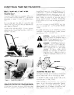 c28ce5d6-b-controls-8 Ford 1520 operator manual page showing seat, seat belt, ROPS adjustment procedures, and drawbar safety warnings.