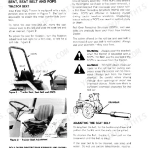Ford 1520 operator manual page showing seat, seat belt, ROPS adjustment procedures, and drawbar safety warnings.