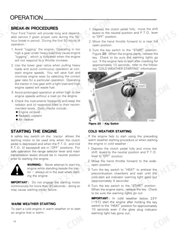 Ford 1520 operator manual page showing engine break-in procedures, starting the engine, and cold weather starting instructions.