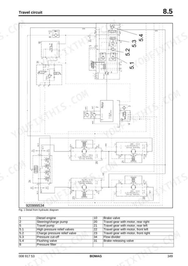Bomag BW 154 AD-4 AM hydraulic travel circuit diagram showing pumps, travel motors, and brake valves with component legend.