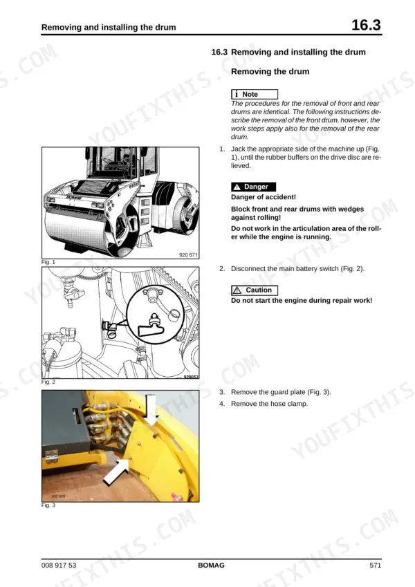 Bomag BW 154 AD-4 AM service manual page showing procedures for removing and installing the drum, including battery switch and guard.