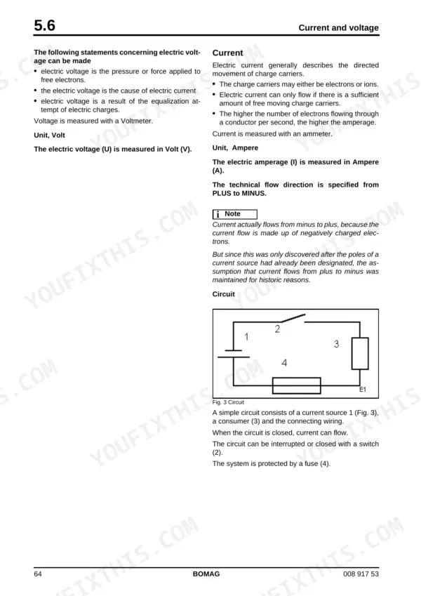 Bomag BW 154 AD-4 AM service manual page 64 explaining electrical current, voltage, and a simple circuit diagram with fuse and switch.
