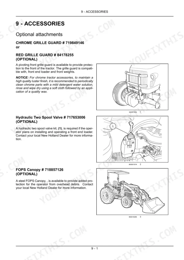 New Holland Boomer 8N accessories page showing grille guard, hydraulic two spool valve, and FOPS canopy installation diagrams.